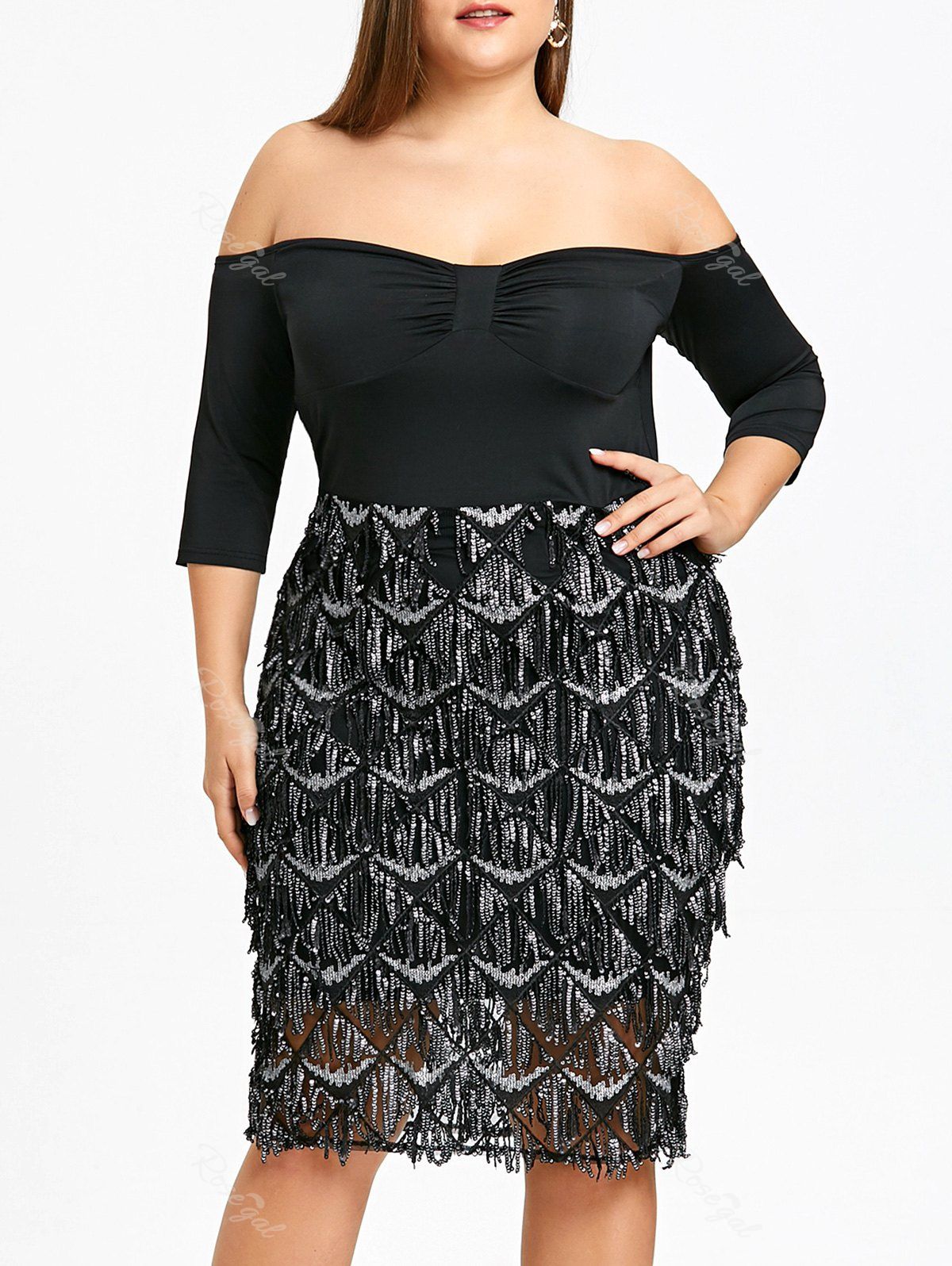 

Plus Size Sequined Fish Scale Evening Dress, Black