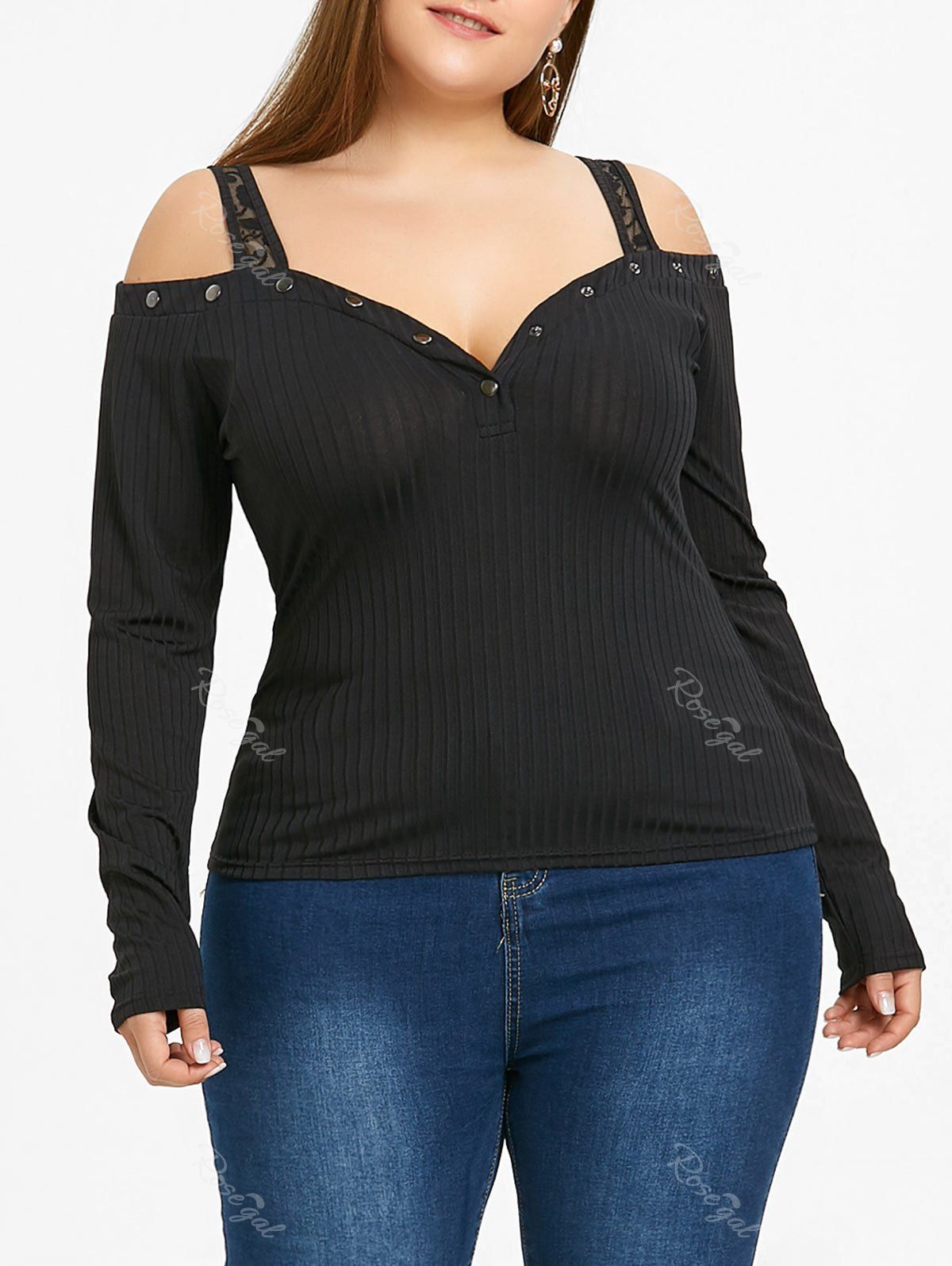 

Plus Size Open Shoulder Sweetheart Neck Top, Black