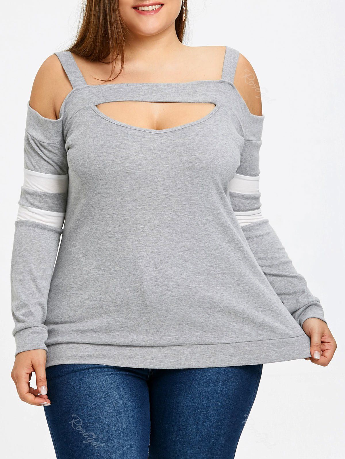 

Plus Size Cut Out Open Shoulder Top, Light grey