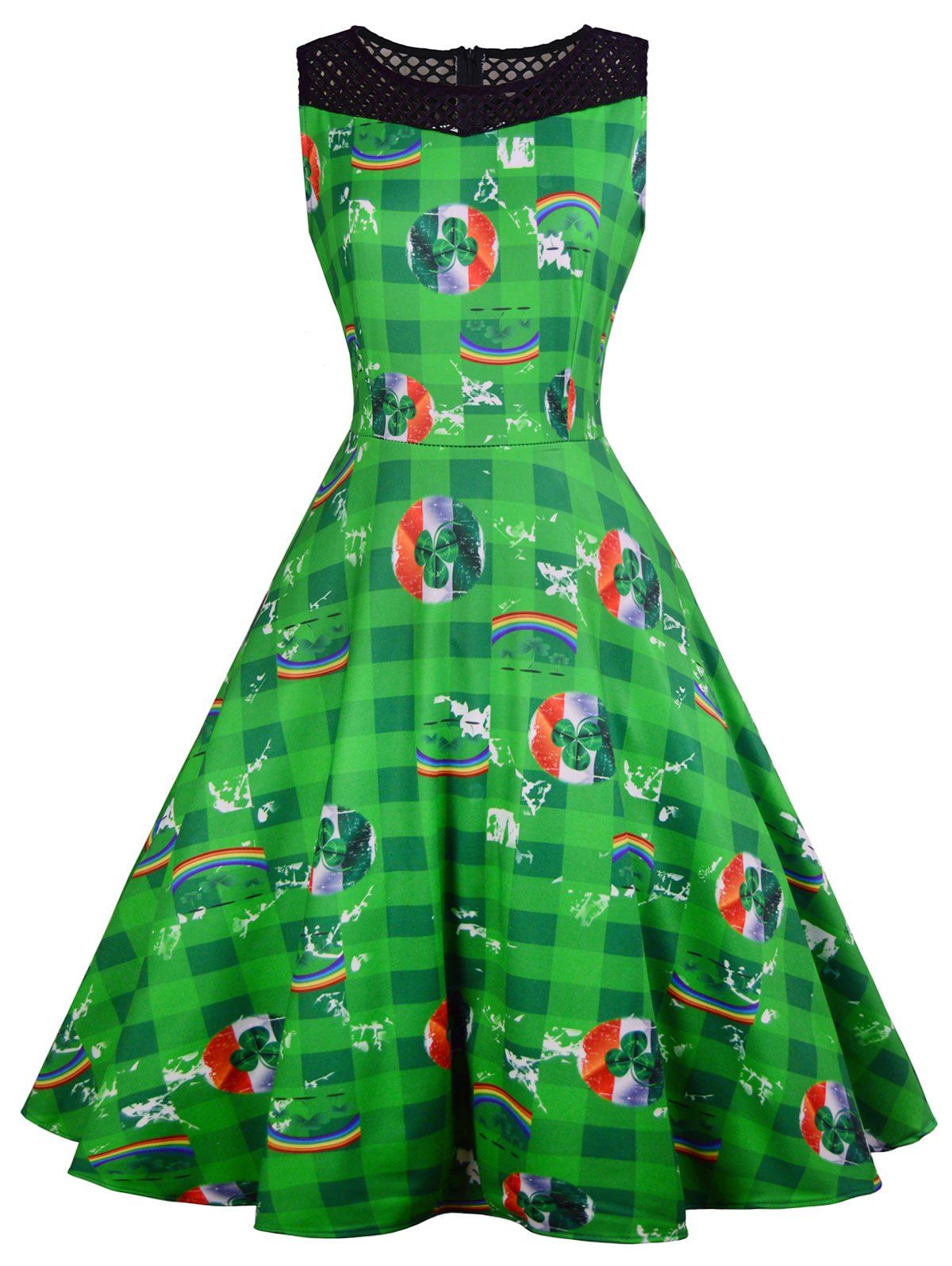 

Plaid Leaf Rainbow Print Vintage Dress, Green
