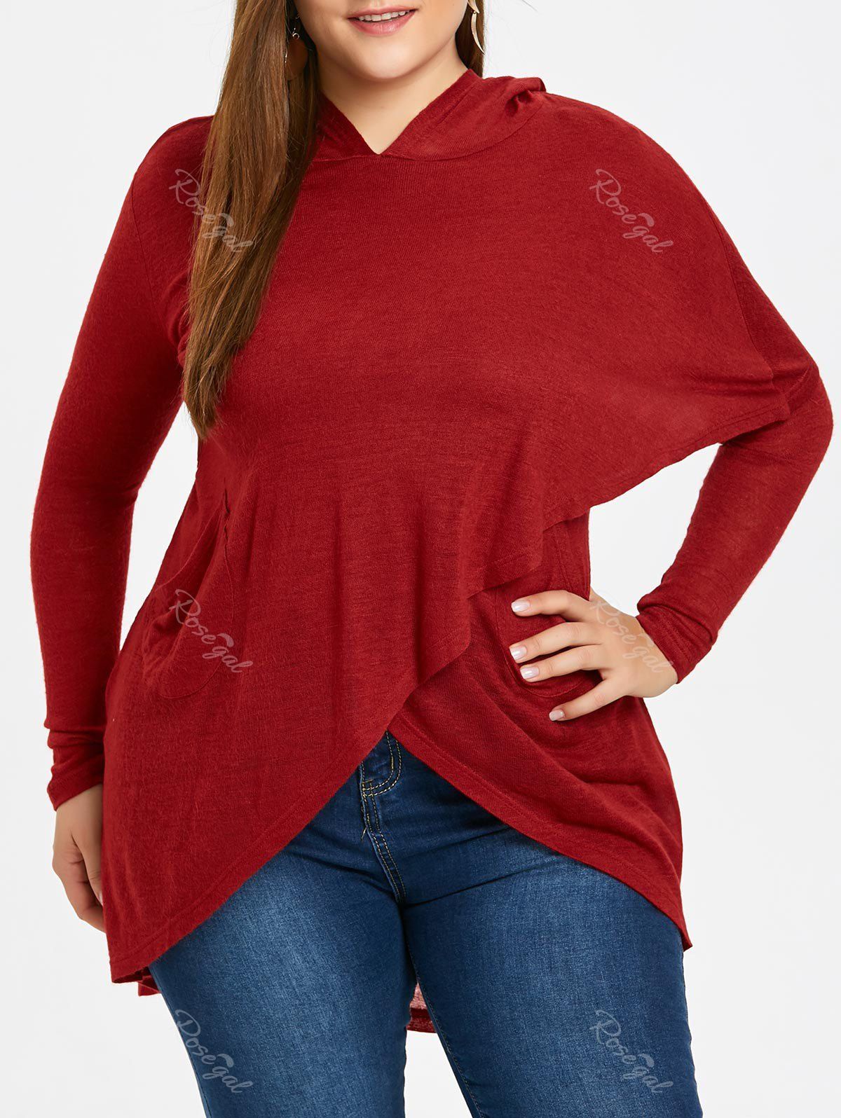 

Plus Size Asymmetric Hem Wrap Hoodie, Wine red