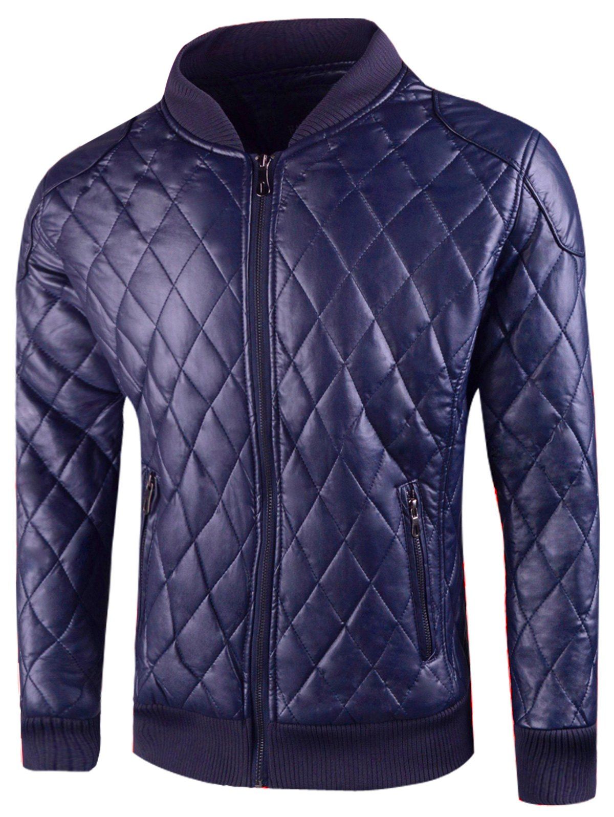 blue l stand collar argyle faux leather jacket blue l stand collar argyle faux leather jacket