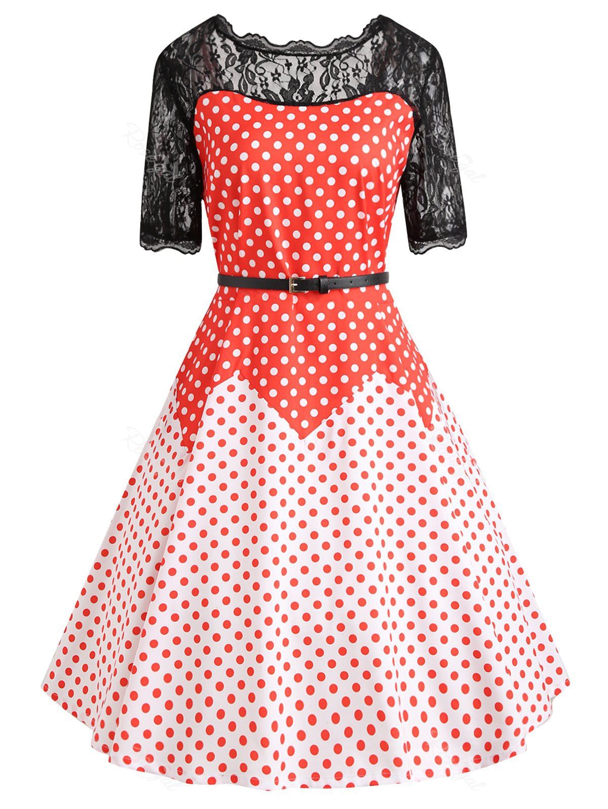 

Plus Size Color Block Polka Dot Vintage Gown Dress, Red