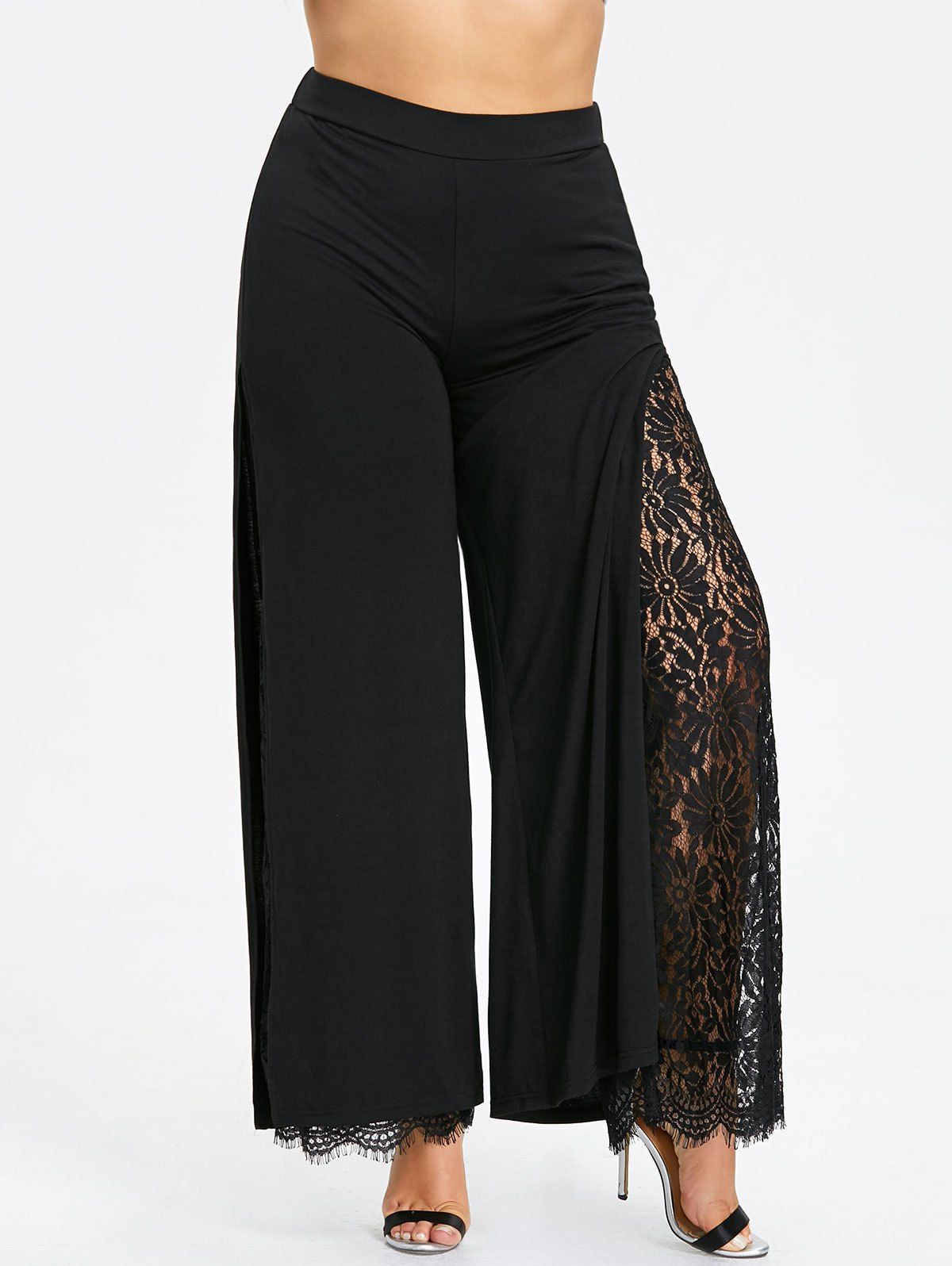Black 5xl Plus Size Lace High Slit Palazzo Pants | RoseGal.com