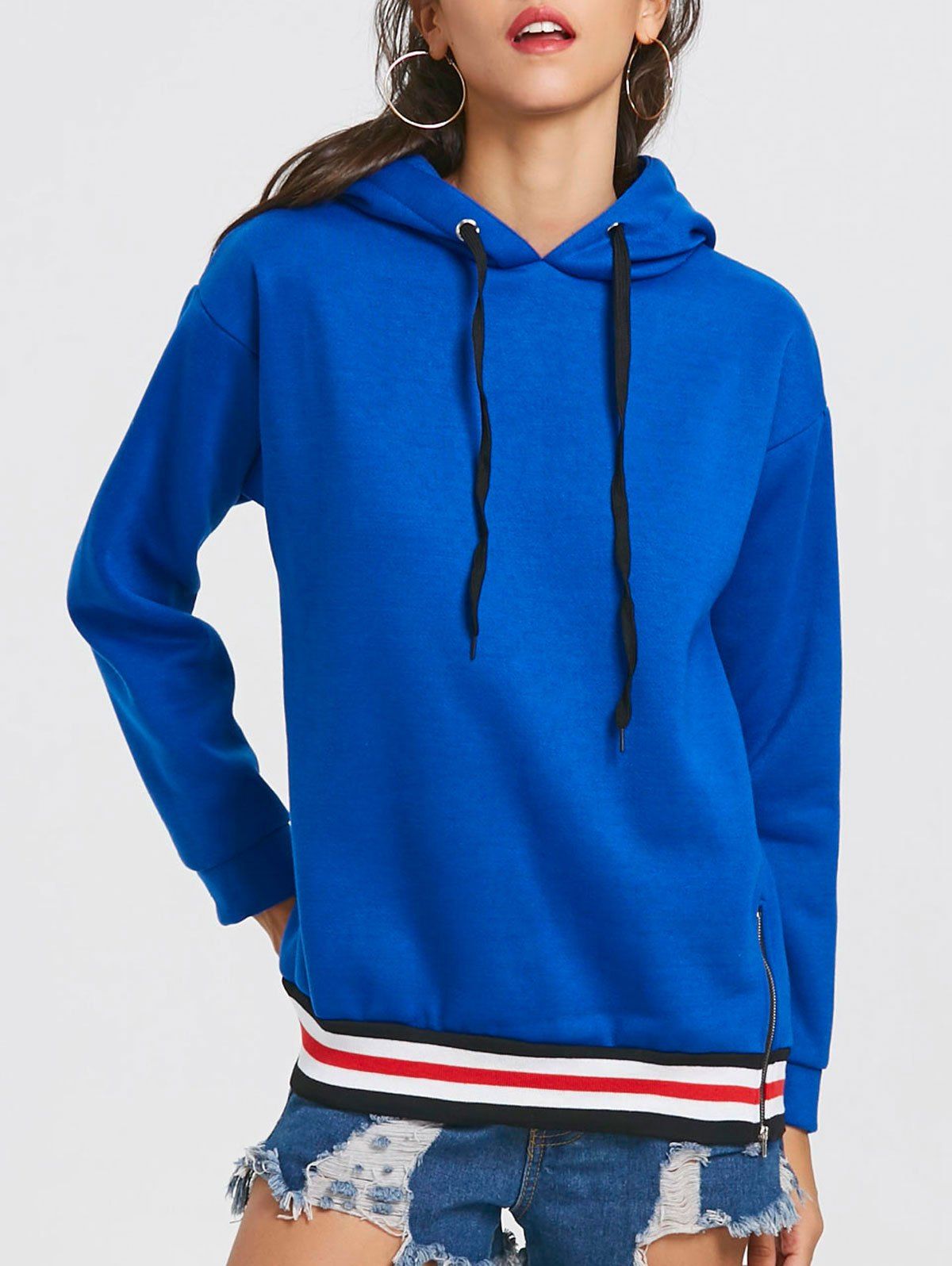 

Drop Shoulder Stripe Drawstring Tunic Hoodie, Blue