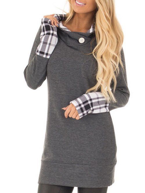 

Long Sleeve Plaid Insert Hooded Hoodie, Gray