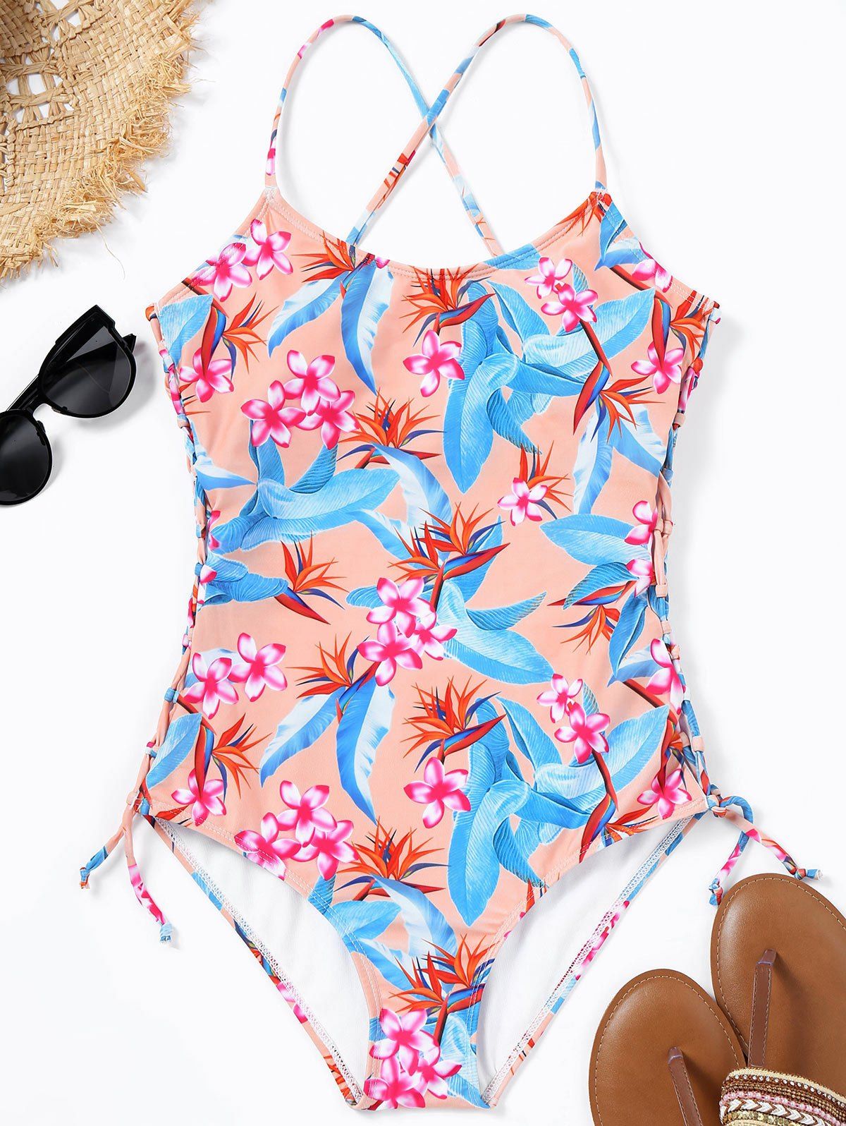 floral lace up backless swimsuit