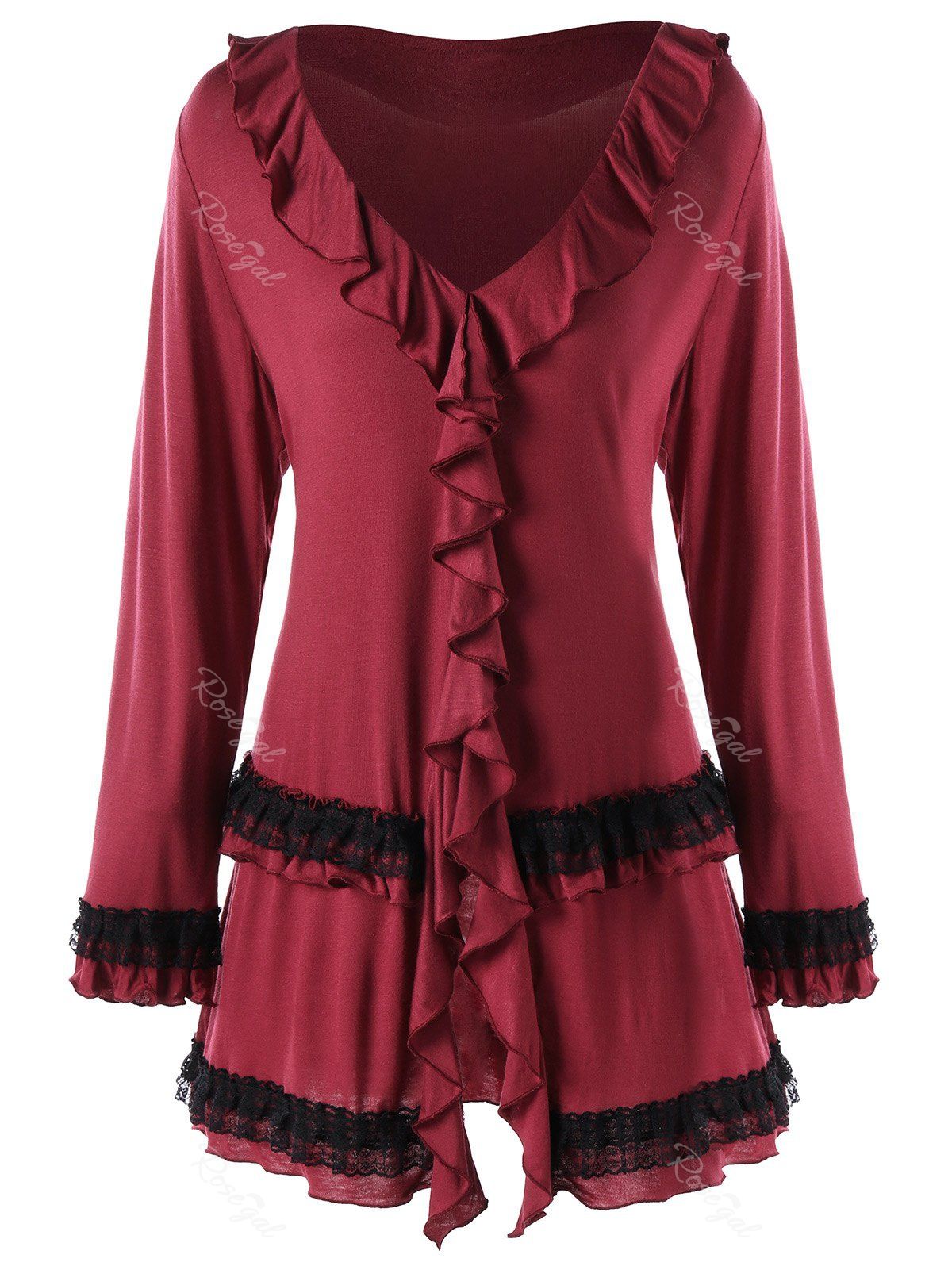 

Plus Size Lace Trim Flounced Tunic Top, Red