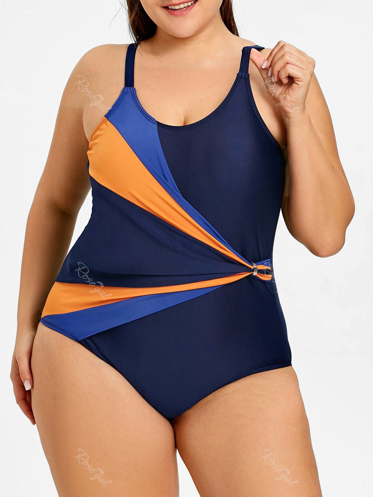 

Line Pattern Plus Size Ruched Tank One Piece Swimsuit, Purplish blue