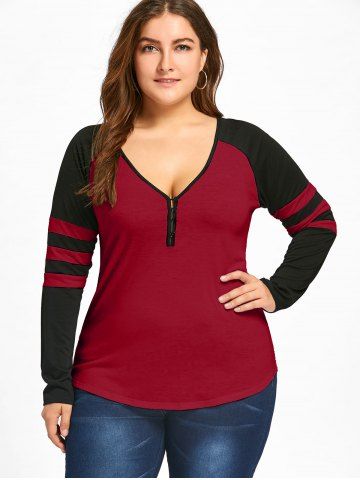 

Plus Size Raglan Sleeves Stripes Two Tone T-shirt, Deep red