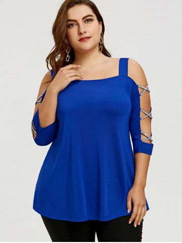 

Plus Size Cut Out Cross Sleeve T-shirt, Blue