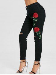 Knee Ripped Flower Embroidered Skinny Jeans -  