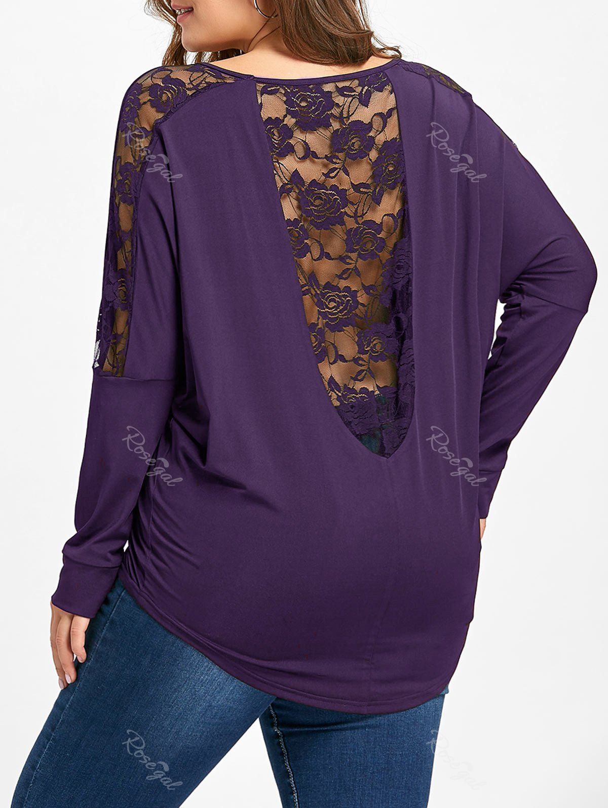 

Plus Size Sheer Lace Insert T-shirt, Purple