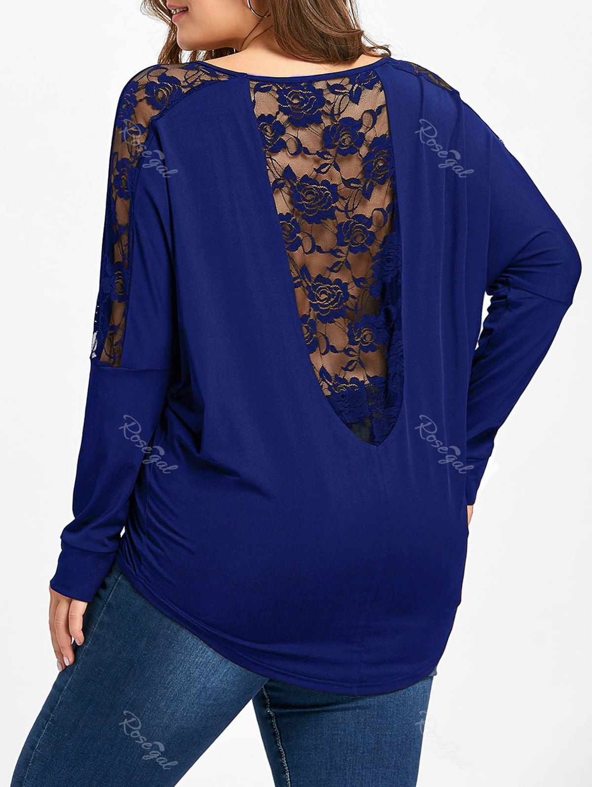 

Plus Size Sheer Lace Insert T-shirt, Royal