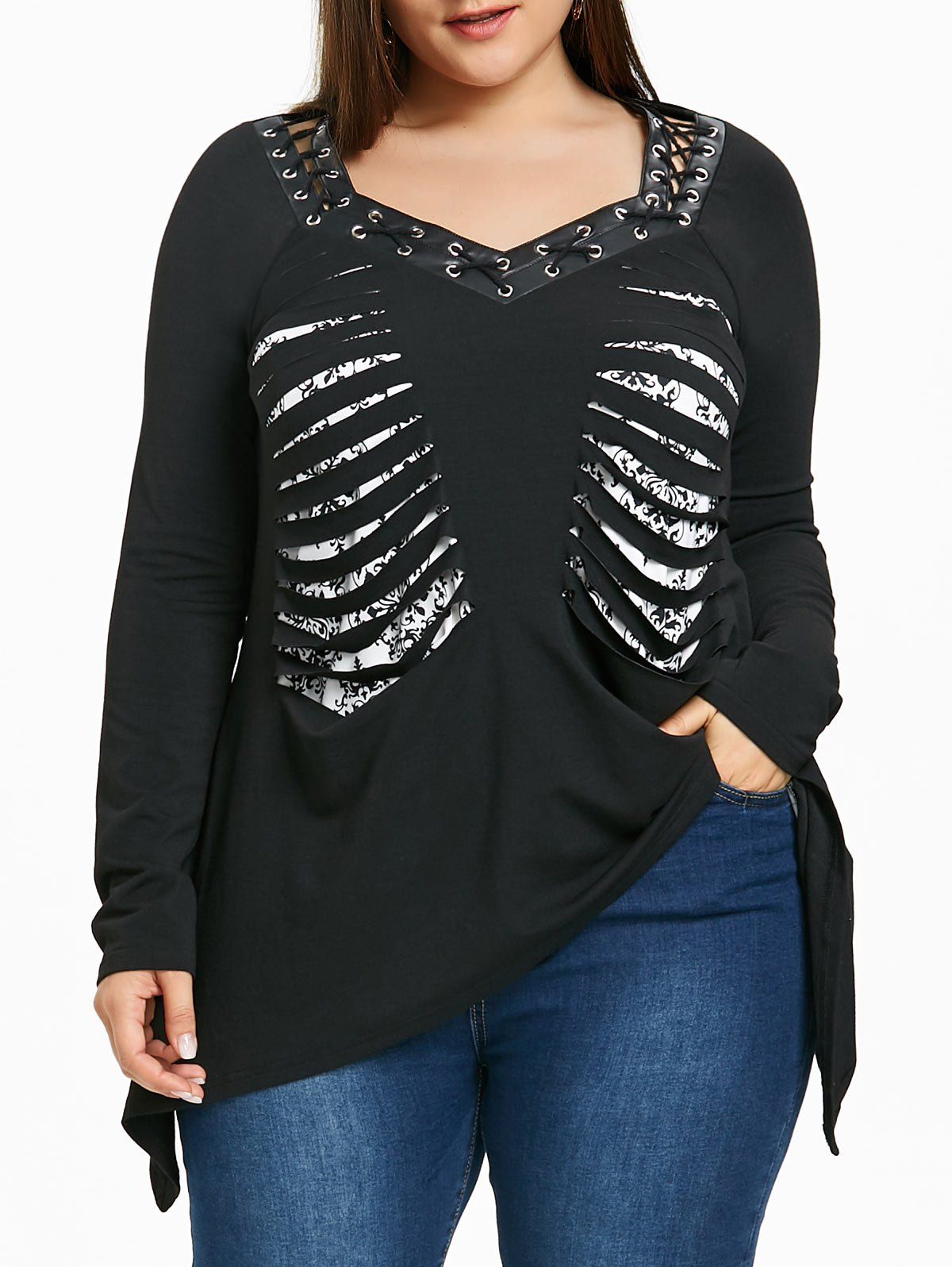 

Plus Size Shredding Lace Up Top, Black