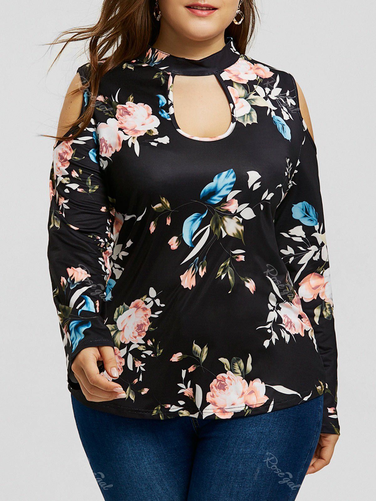 

Floral Print Cold Shoulder Plus Size T-shirt, Black