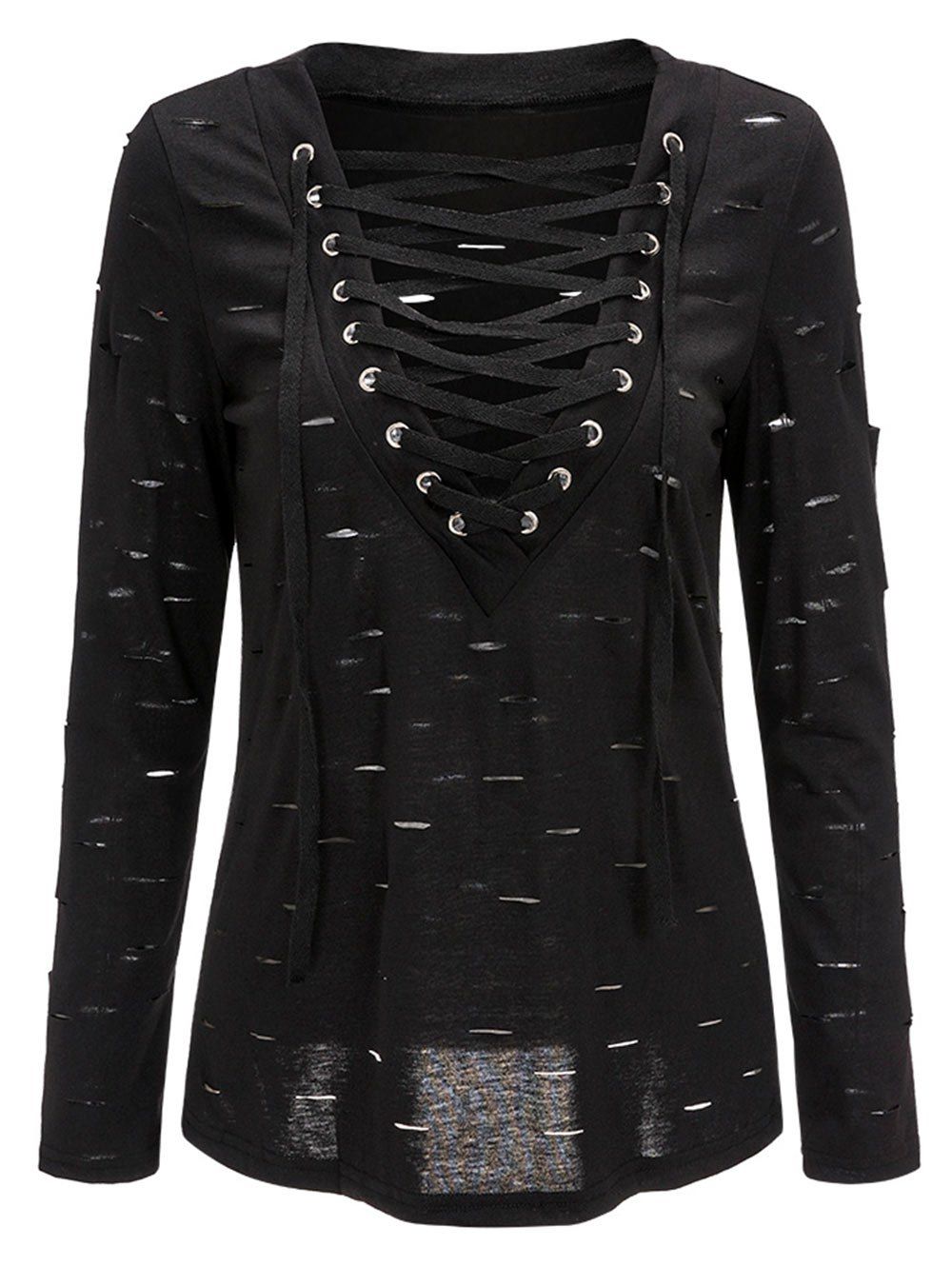 

Ripped Long Sleeve Lattice Cut Top, Black
