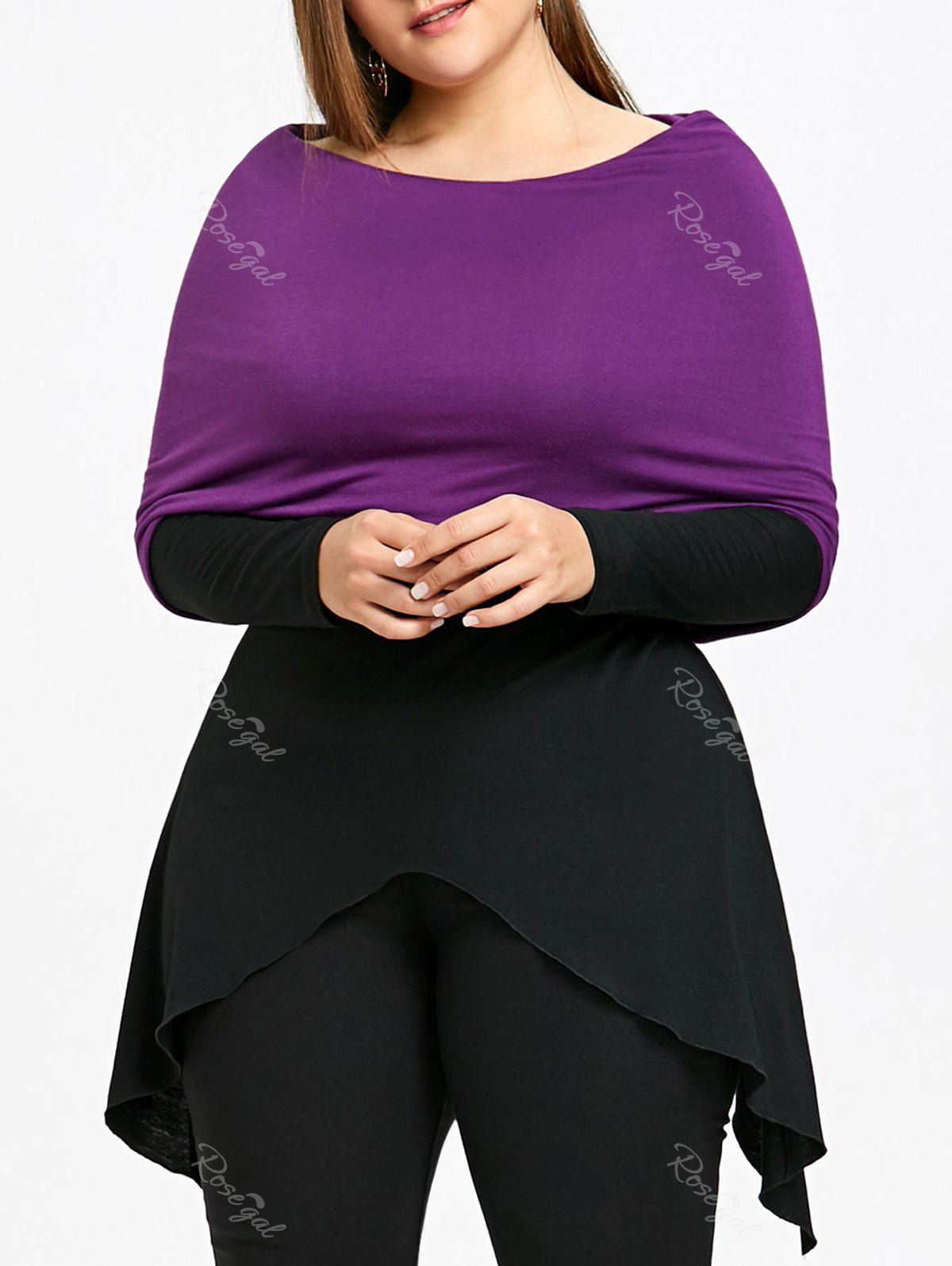 

Plus Size Convertible Collar Color Block Asymmetric Top, Black
