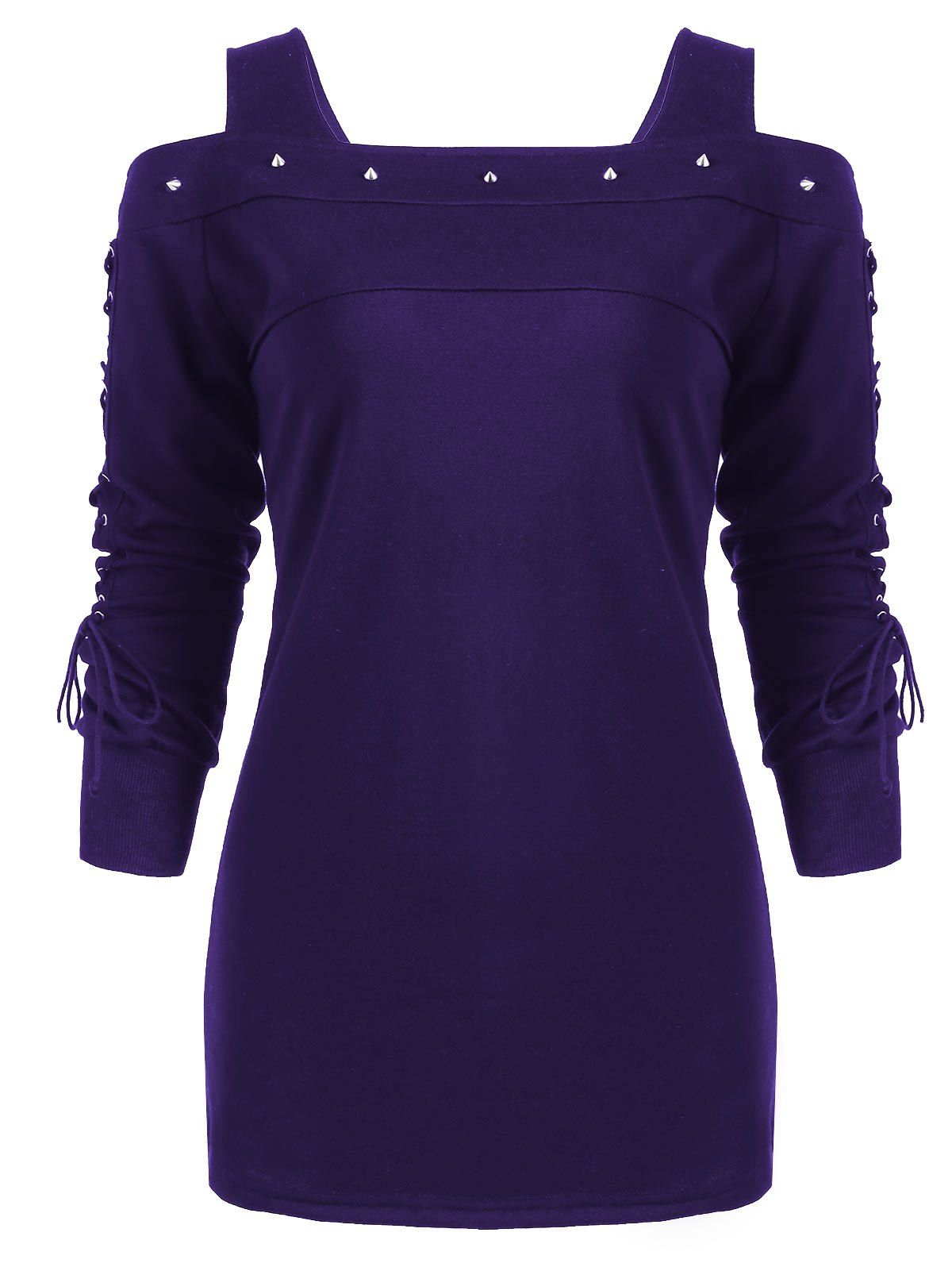 

Rivet Lace-up Cold Shoulder Long Sleeve T-shirt, Blue violet