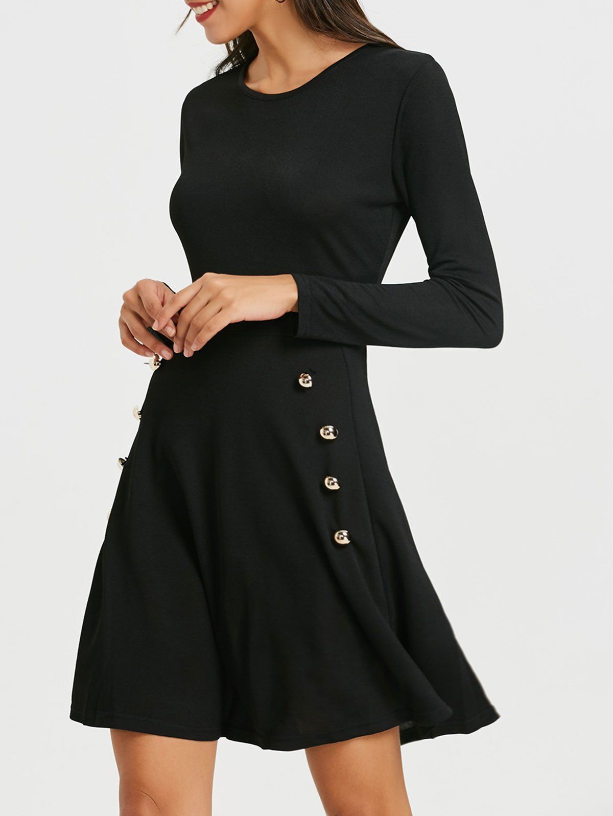 

Long Sleeve Skater Dress with Button, Black