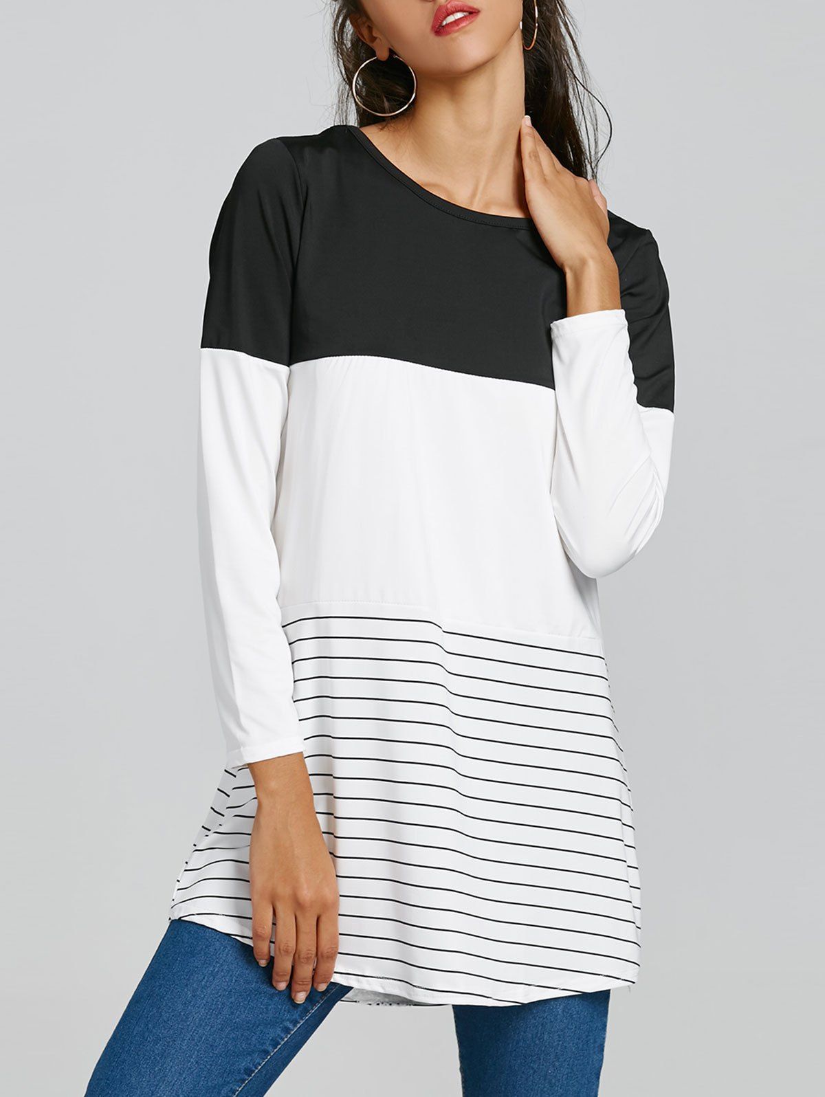 

Long Sleeve Stripe Color Block T-shirt, White and black