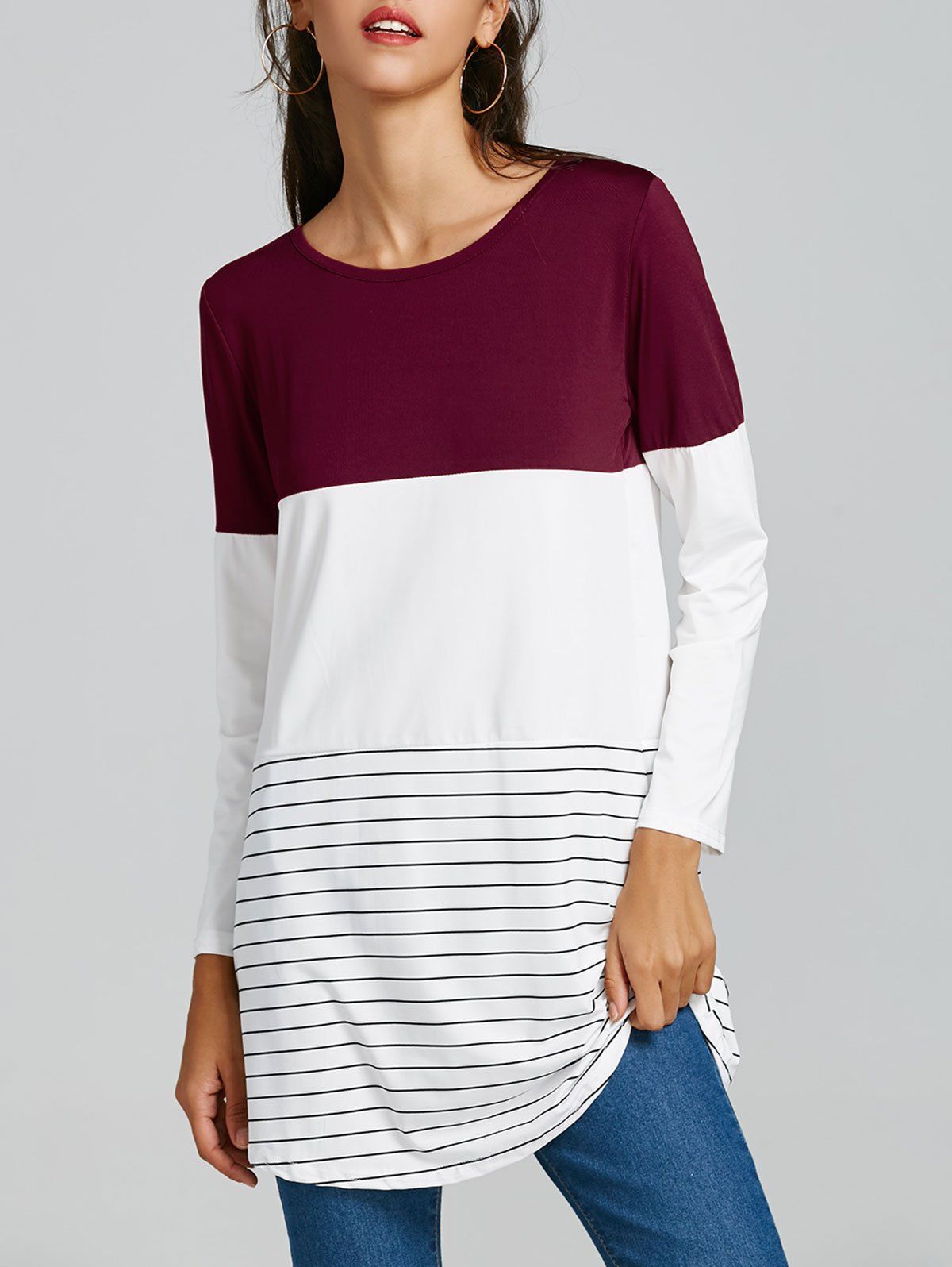 

Long Sleeve Stripe Color Block T-shirt, Red and white