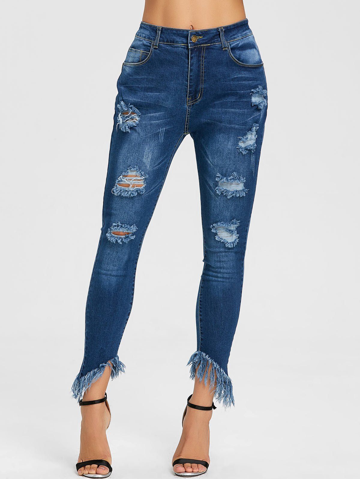 [21% OFF] Ripped Frayed Hem Skinny Jeans | Rosegal