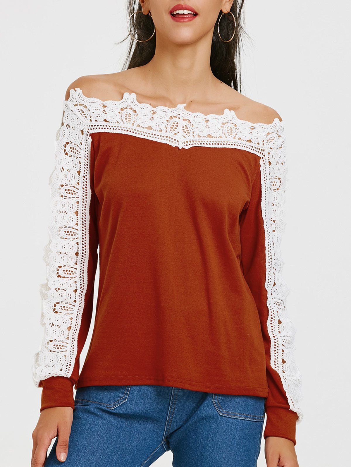 

Openwork Lace Panel Long Sleeve T-shirt, Brick-red