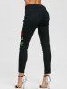 Knee Ripped Flower Embroidered Skinny Jeans -  