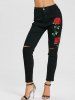 Knee Ripped Flower Embroidered Skinny Jeans -  
