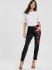 Knee Ripped Flower Embroidered Skinny Jeans -  
