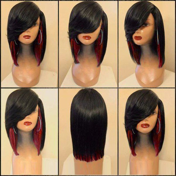 

Medium Side Parting Straight Feathered Colormix Synthetic Wig, Black&red