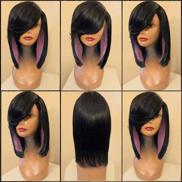 

Medium Side Parting Straight Feathered Colormix Synthetic Wig, Black and pink