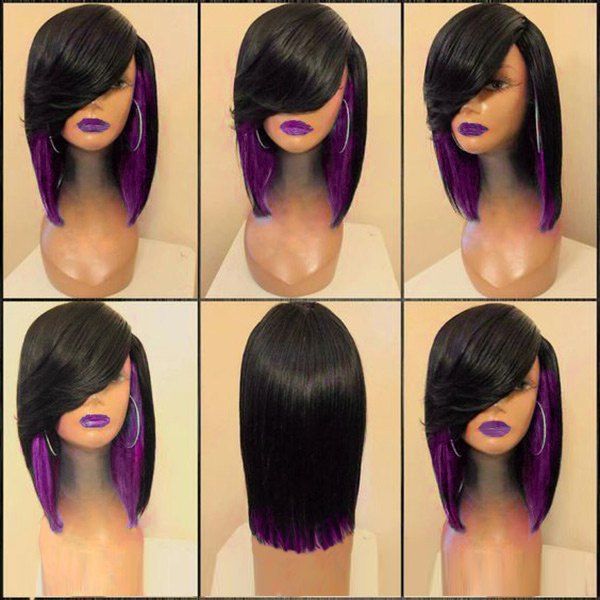 

Medium Side Parting Straight Feathered Colormix Synthetic Wig, Black and purple