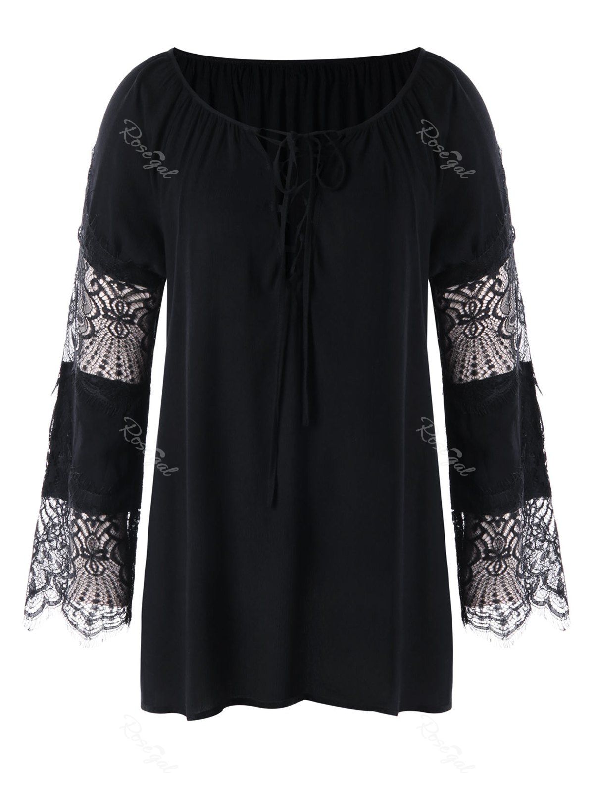 

Lace Panel Plus Size Lace-up Blouse, Black