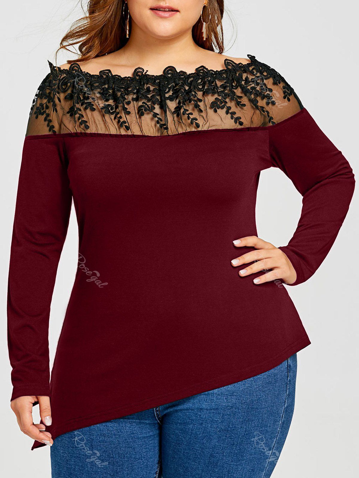

Plus Size Long Sleeve Sheer Embroidered Asymmetric T-shirt, Wine red