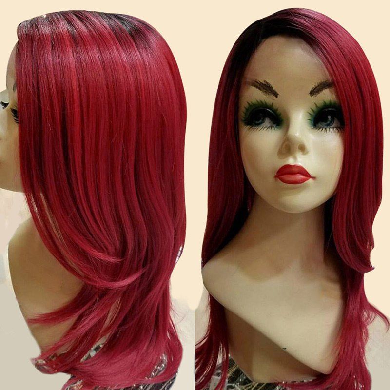 

Long Side Parting Ombre Slighty Curled Synthetic Wig, Red with black