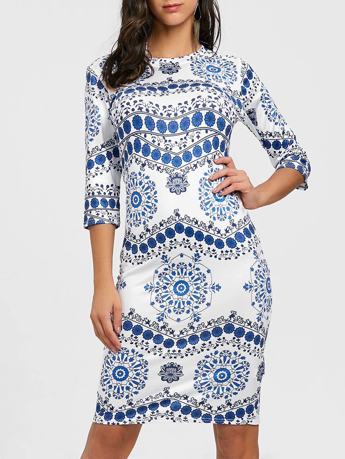 

Porcelain Print Midi Bodycon Dress, Blue and white