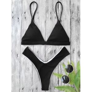 

Textured High Cut Padded Plunge Bikini Set, Black