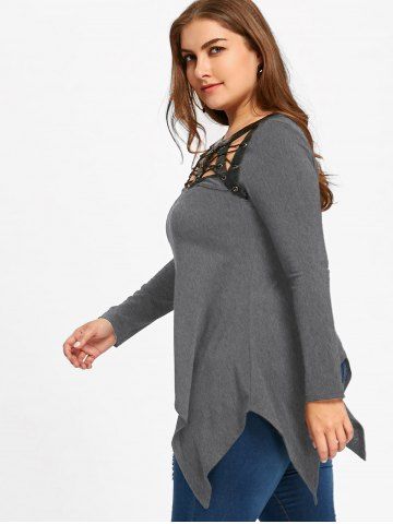 

Plus Size PU Leather Panel Lace Up Top, Gray