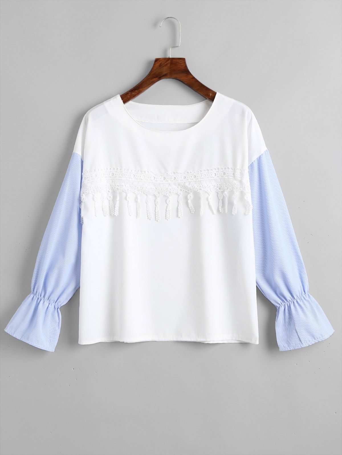 Sale Striped Sleeve Lace Panel Blouse  