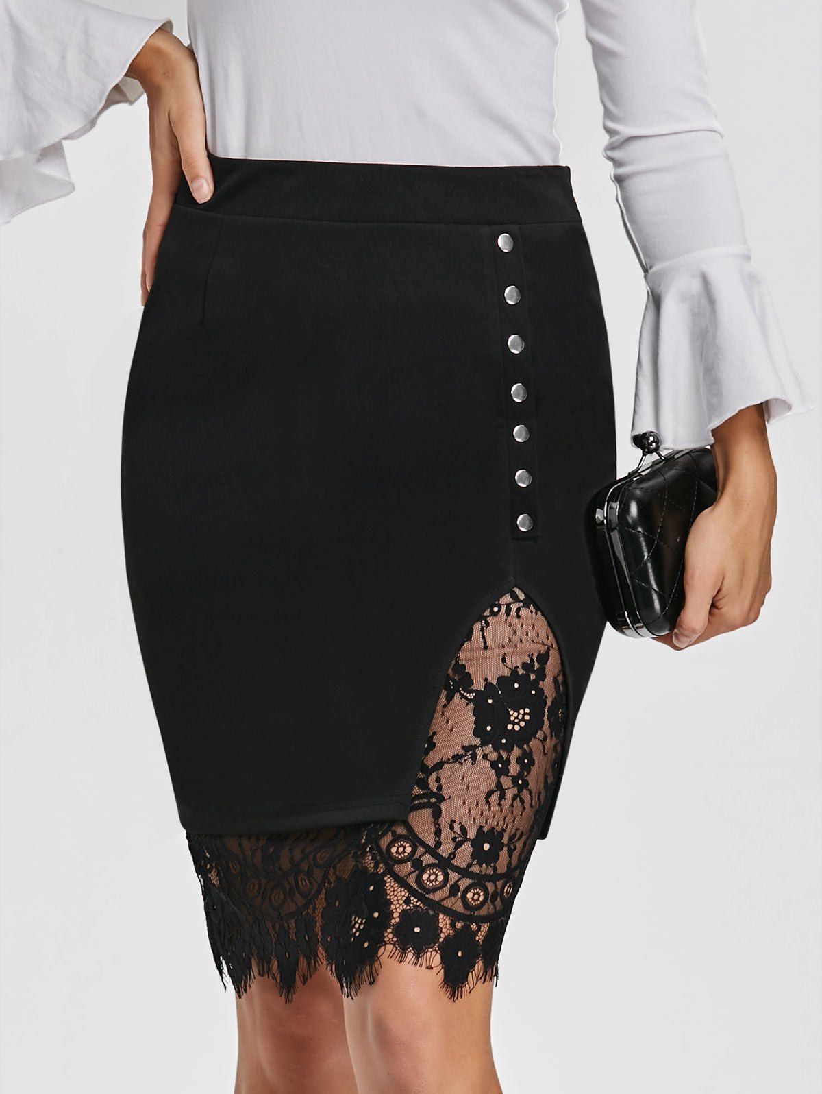 

Eyelash Lace Trimmed Slit Bodycon Skirt, Black