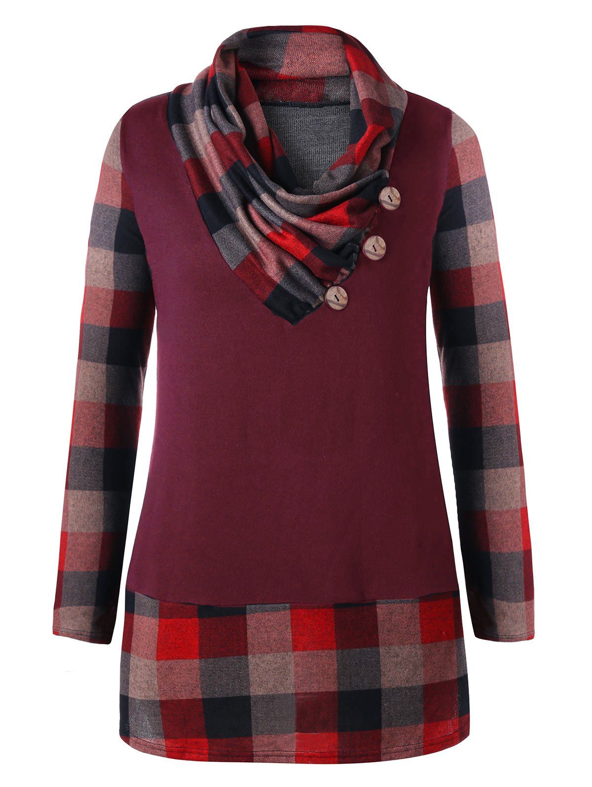 

Plus Size Heap Collar Plaid Tunic Top, Brick-red