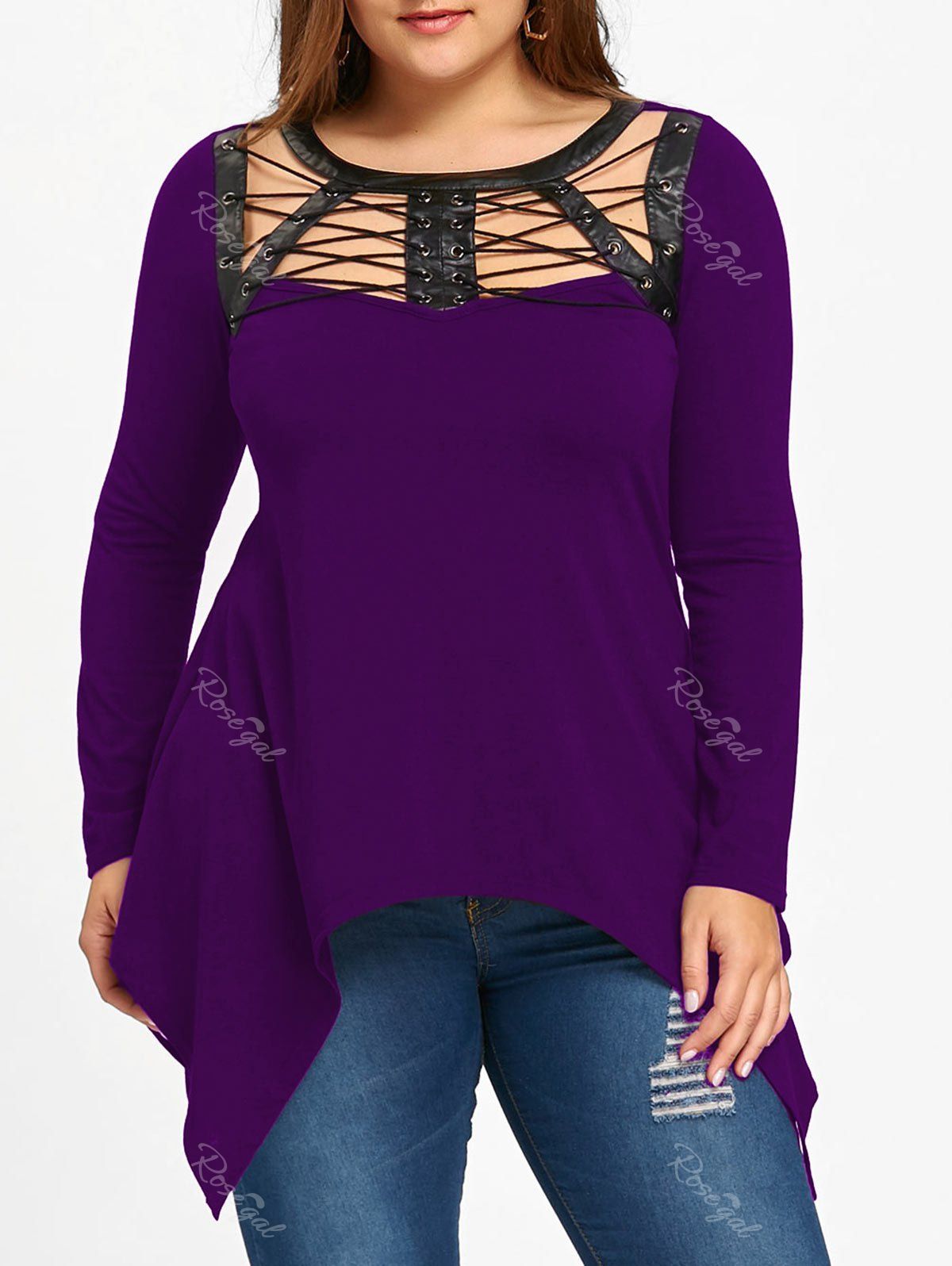 

Plus Size PU Leather Panel Lace Up Top, Purple