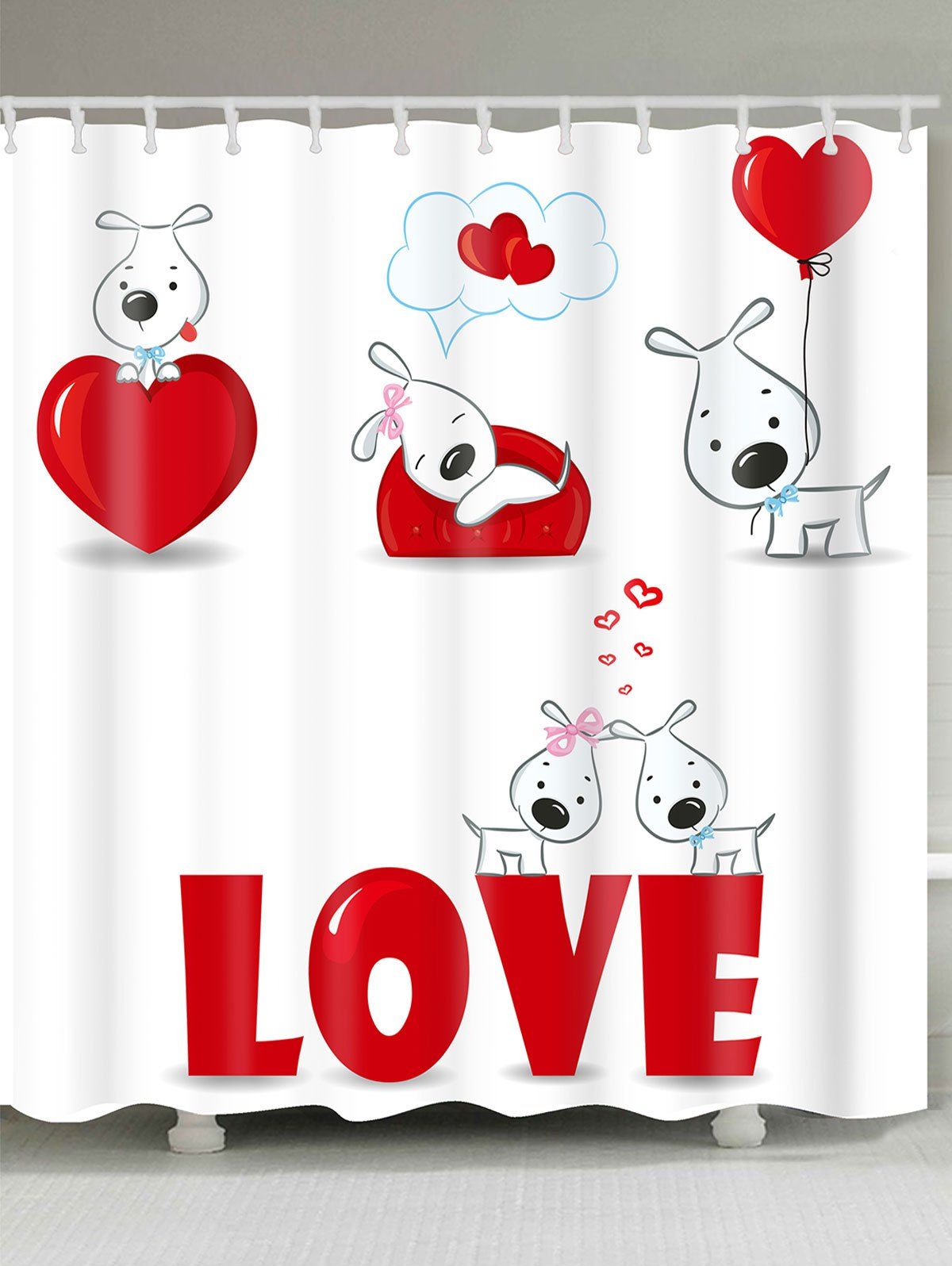 

Valentine's Day Love Heart Puppies Printed Shower Curtain, White and red