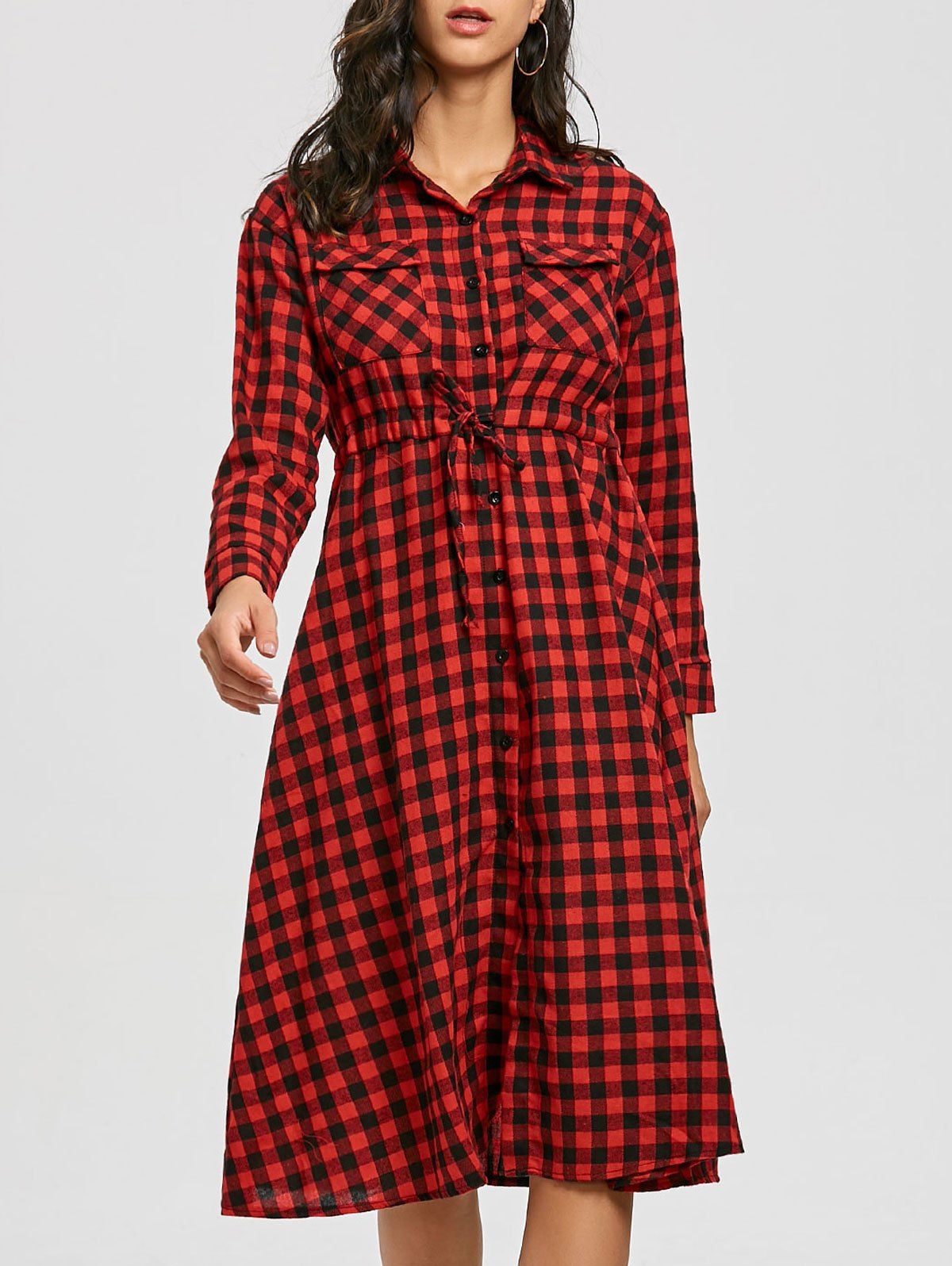 [63% OFF] Long Sleeve Plaid Midi Shirt Dress | Rosegal