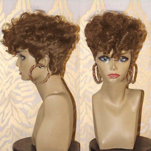 

Short Inclined Bang Shaggy Layered Afro Curly Synthetic Wig, Brown
