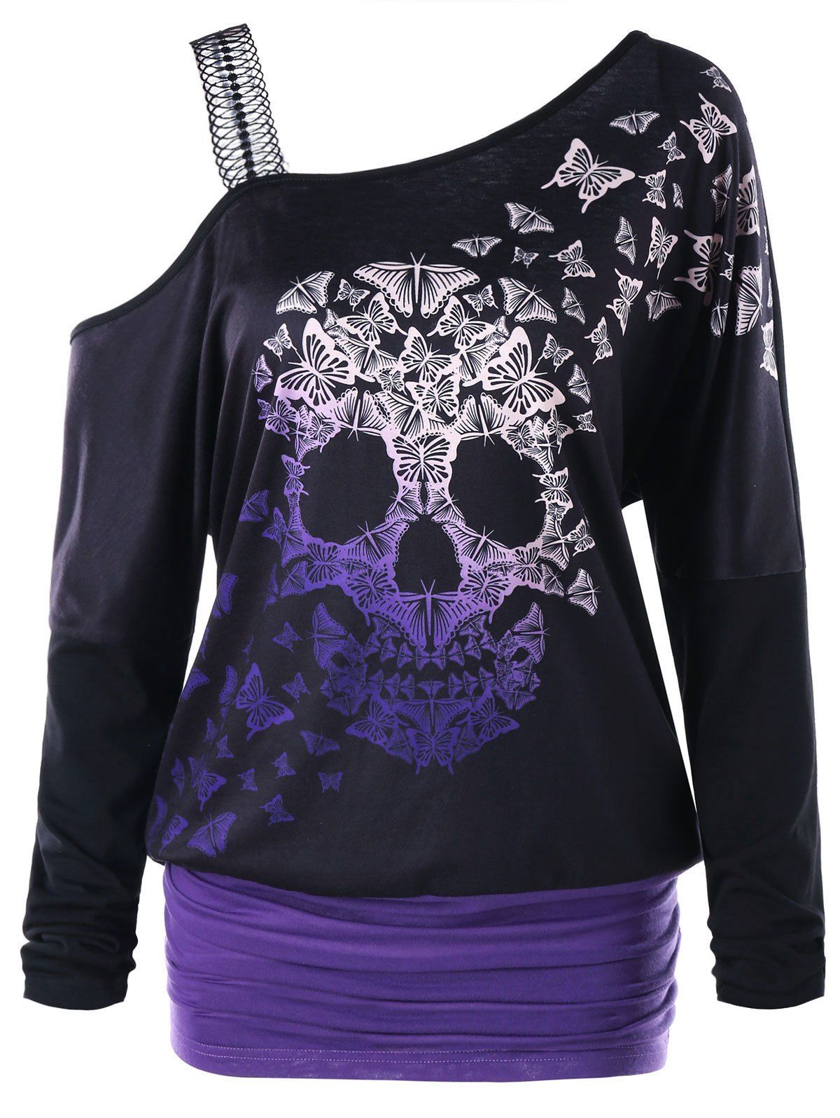 

Butterfly Skull Print Skew Collar Top, Black