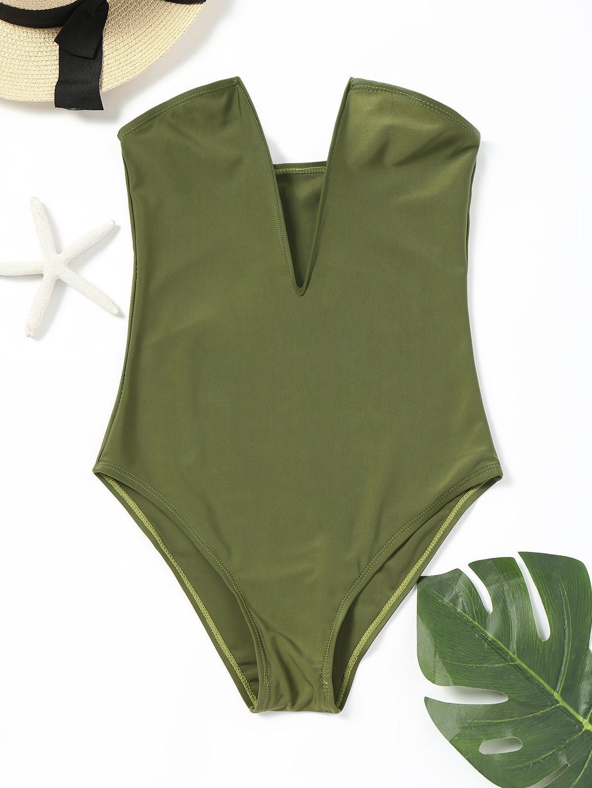 

Plunge High Leg Bandeau One Piece Swimwear, Army green