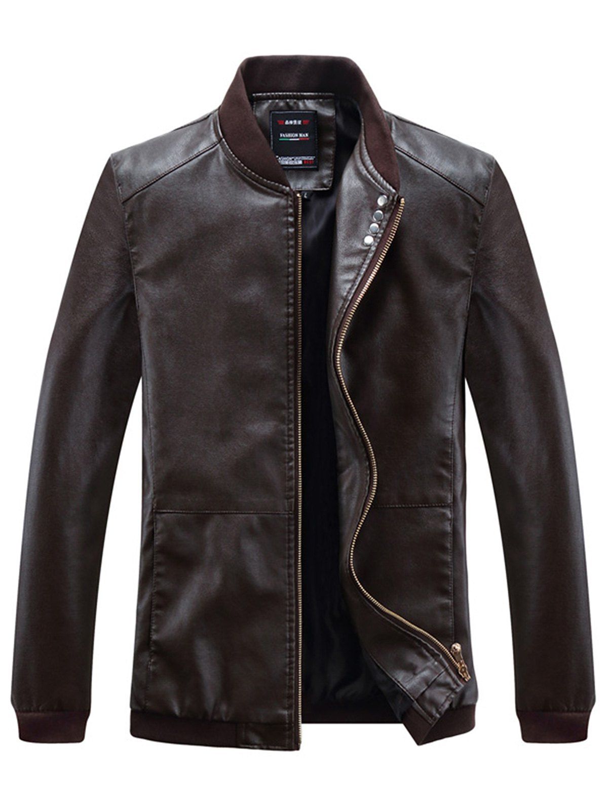 

Buttons Embellished PU Leather Zip Up Jacket, Deep brown